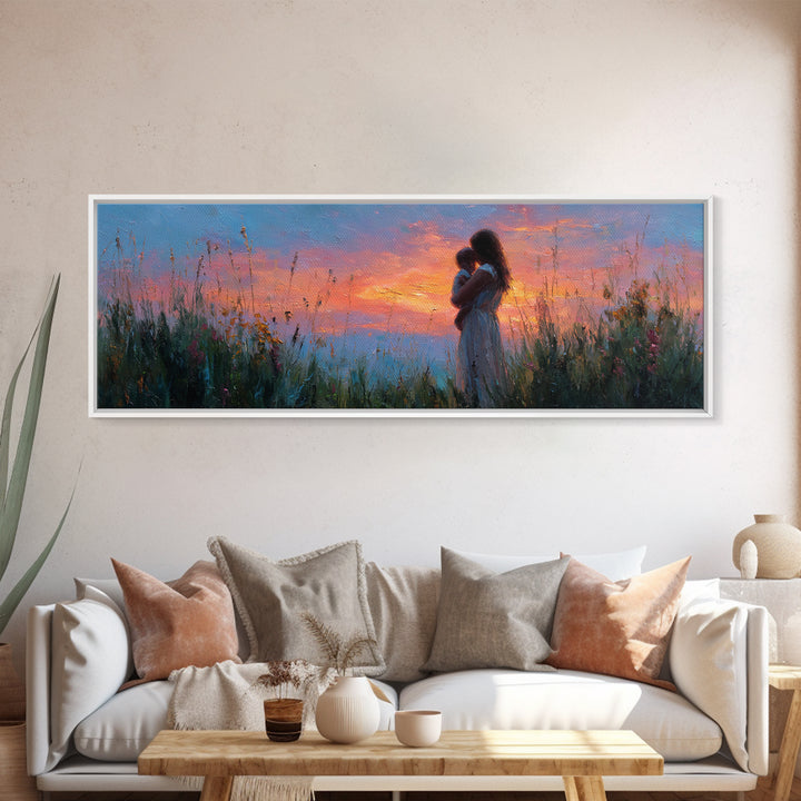 Twilight Meadow Mother And Baby Wall Art, Pink Sunset Wildflower Landscape, Romantic Motherhood Canvas Print For Bedroom