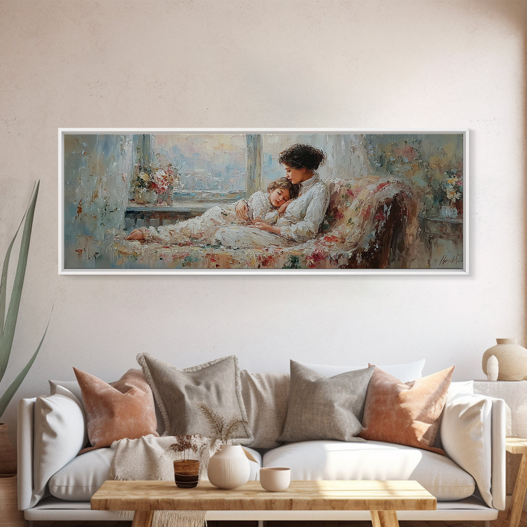 Sleeping Mother And Child On Floral Sofa Wall Art, Cozy Bedroom Decor, Impressionist Motherhood Canvas Print Gift For Mom