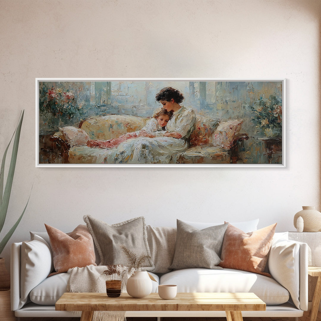 Mother And Child Reading On Floral Sofa Framed Canvas Print, Cozy Home Decor, Feminine Bedroom Wall Art Gift For Her Nursery Decor