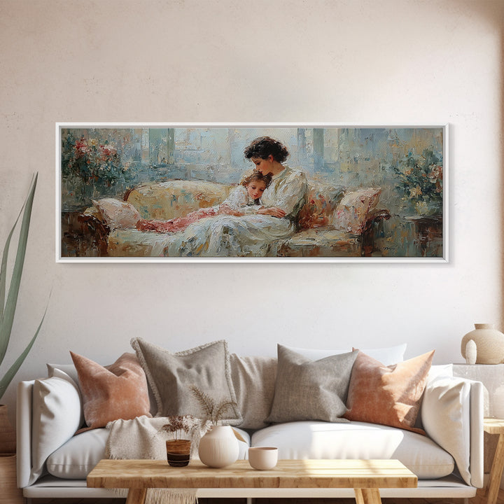 Mother And Child Reading On Floral Sofa Framed Canvas Print, Cozy Home Decor, Feminine Bedroom Wall Art Gift For Her Nursery Decor