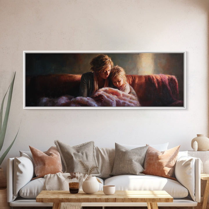 Moody Mother And Daughter Reading Wall Art, Warm Lamplight Sofa Scene, Cozy Bedroom Canvas Print Gift For Mom Living Room Decor
