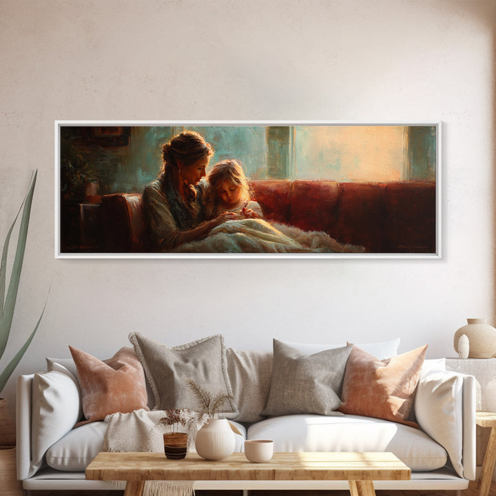 Warm Mother And Child Bedtime Story Canvas Print, Cozy Lamplight Sofa Wall Art, Family Living Room Decor Gift For Her Bedroom Decor