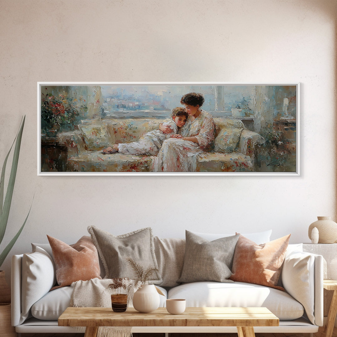 Mother And Child On Floral Sofa Framed Canvas Print, Impressionist Nursery Decor, Feminine Bedroom Wall Art, Gift For Her