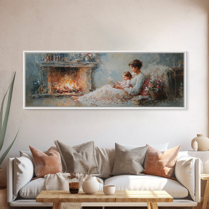 Mother Reading By Fireplace With Child Canvas Print, Cozy Bedroom Wall Art, Impressionist Living Room Decor, Gift For Mom