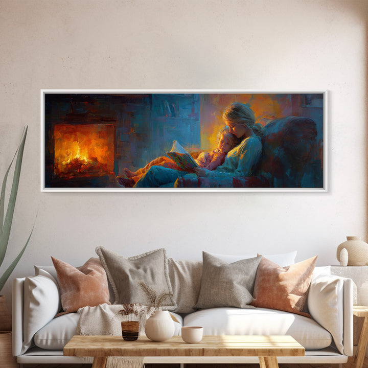 Cozy Mother And Child Reading By Firelight Wall Art, Moody Impressionist Canvas Print, Dark Academia Living Room Decor Gift