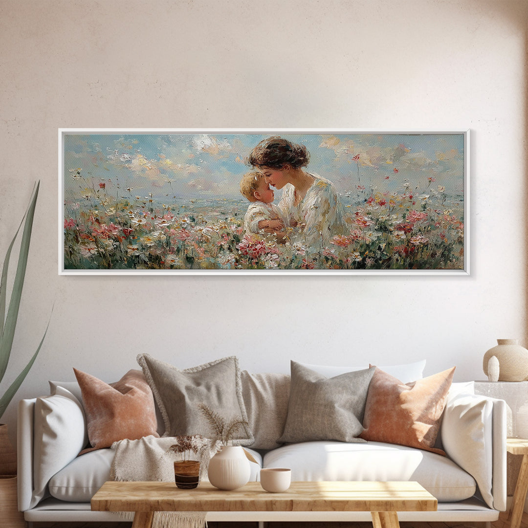 Mother Kissing Baby In Wildflower Meadow Framed Canvas Print, Feminine Floral Wall Art, Soft Nursery Decor, Gift For Her