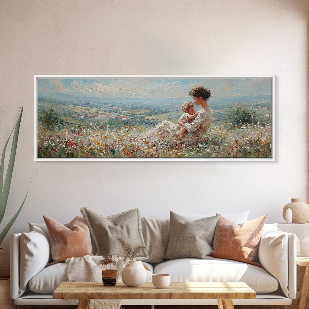 Mother Holding Baby In Sunlit Meadow Canvas Print, Panoramic Landscape Wall Art, Floral Nursery Decor, Housewarming Gift