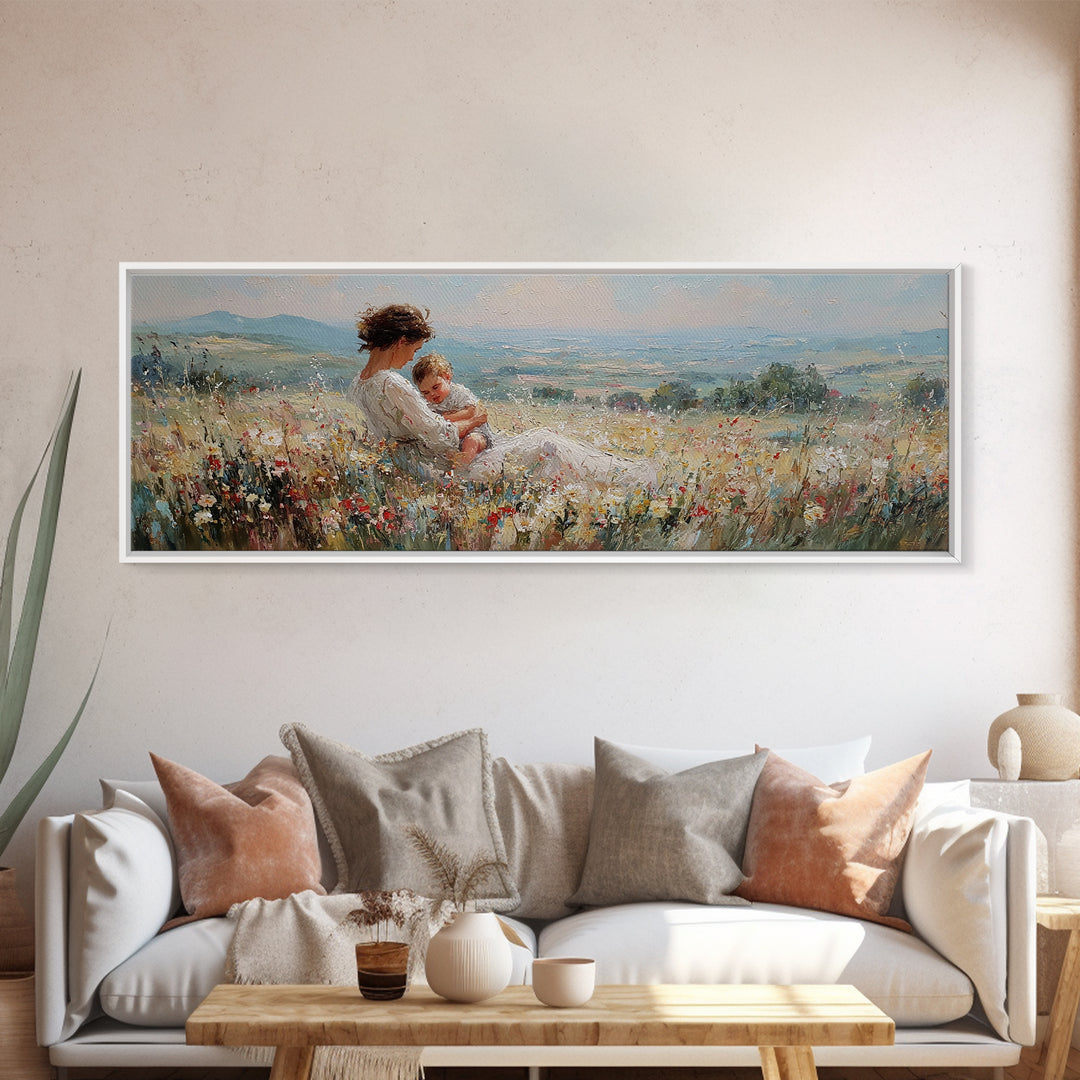 Mother And Baby Resting In Wildflowers Wall Art, Impressionist Landscape Canvas Print, Feminine Nursery Decor, Gift For Mom
