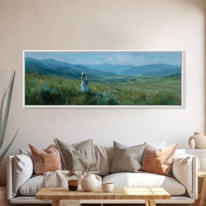 Mother And Child Over Mountain Valley Framed Canvas Print, Panoramic Landscape Wall Art, Blue Green Nature Decor Gift For Her