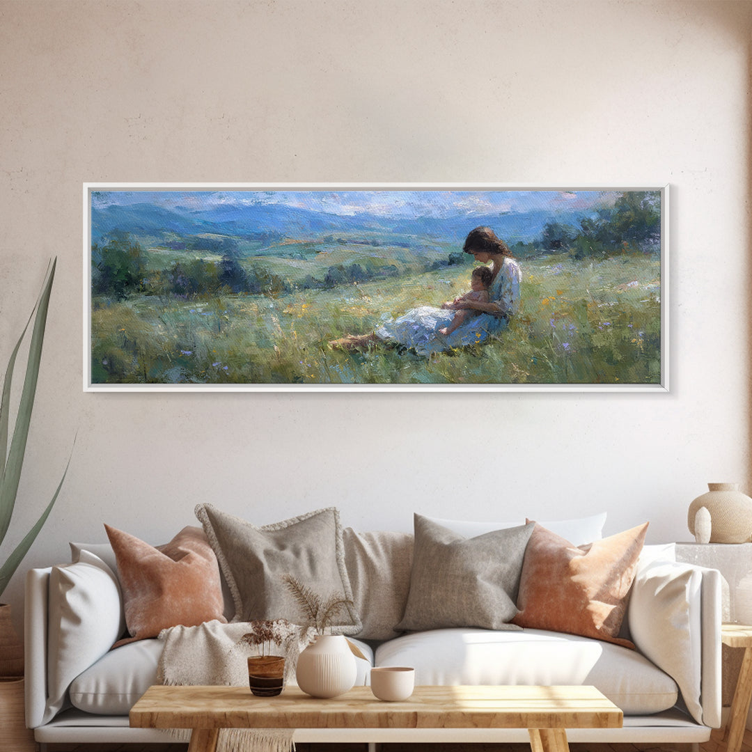 Mother And Child In Blue Mountain Meadow Canvas Print, Impressionist Landscape Wall Art, Peaceful Bedroom Decor, Gift For Her