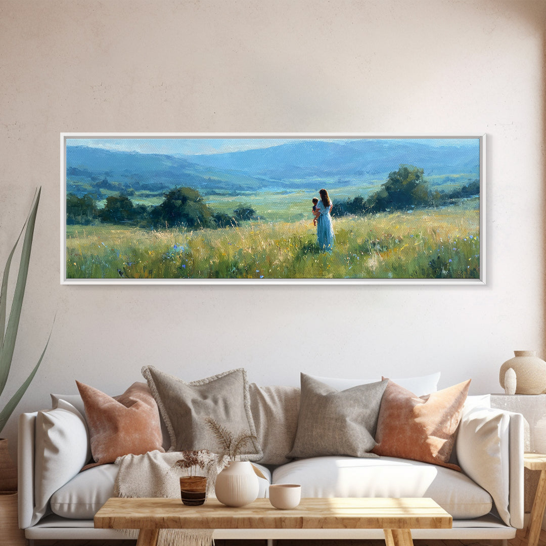 Mother Holding Child In Golden Meadow Wall Art, Panoramic Blue Mountain Canvas Print, Nature Nursery Decor, Housewarming Gift