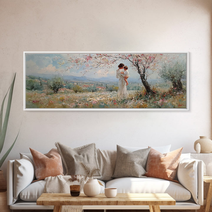 Mother And Baby Under Blossoming Tree Framed Canvas Print, Impressionist Spring Landscape Wall Decor, Nursery Art Gift For Her