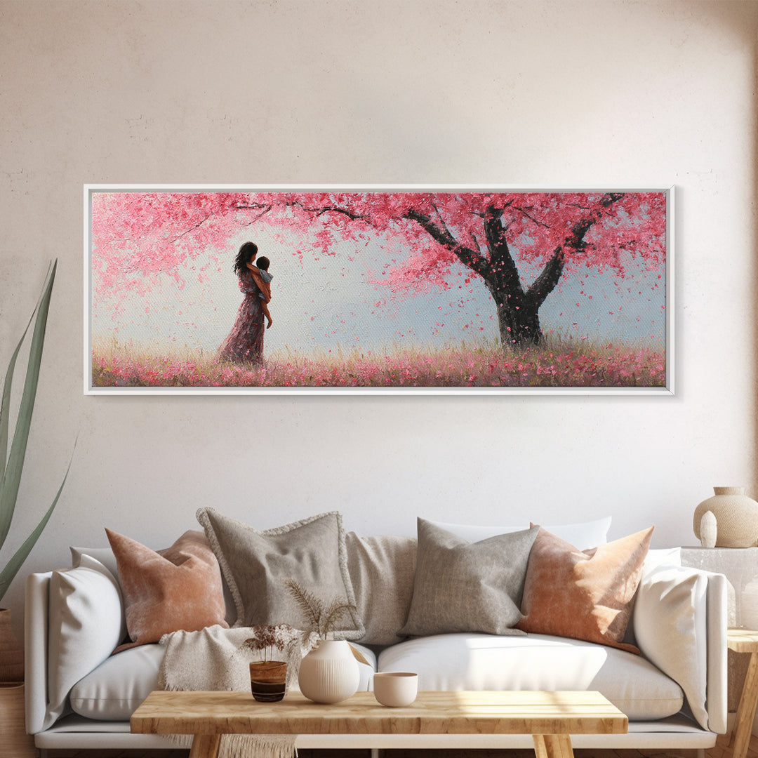 Mother And Infant Beneath Pink Cherry Blossoms Wall Art, Romantic Spring Nursery Decor, Feminine Canvas Art Gift For Her