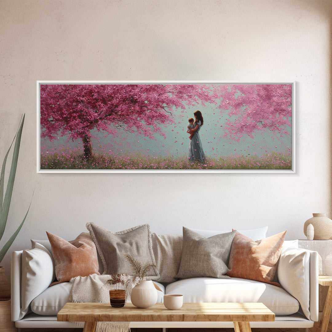 Mother Holding Baby In Pink Blossom Grove Framed Canvas Print, Pastel Nursery Wall Art, Cherry Blossom Home Decor Gift For Mom