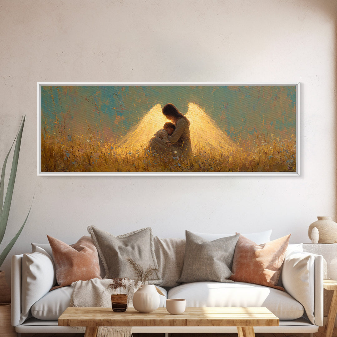 Golden Guardian Angel Embracing Child Canvas Print, Spiritual Wall Art, Christian Nursery Home Decor, Sympathy Gift For Mom