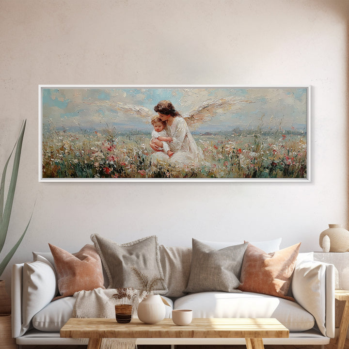 White Winged Angel Holding Baby In Meadow Canvas Print, Christian Wall Art, Spiritual Nursery Decor, Guardian Angel Gift