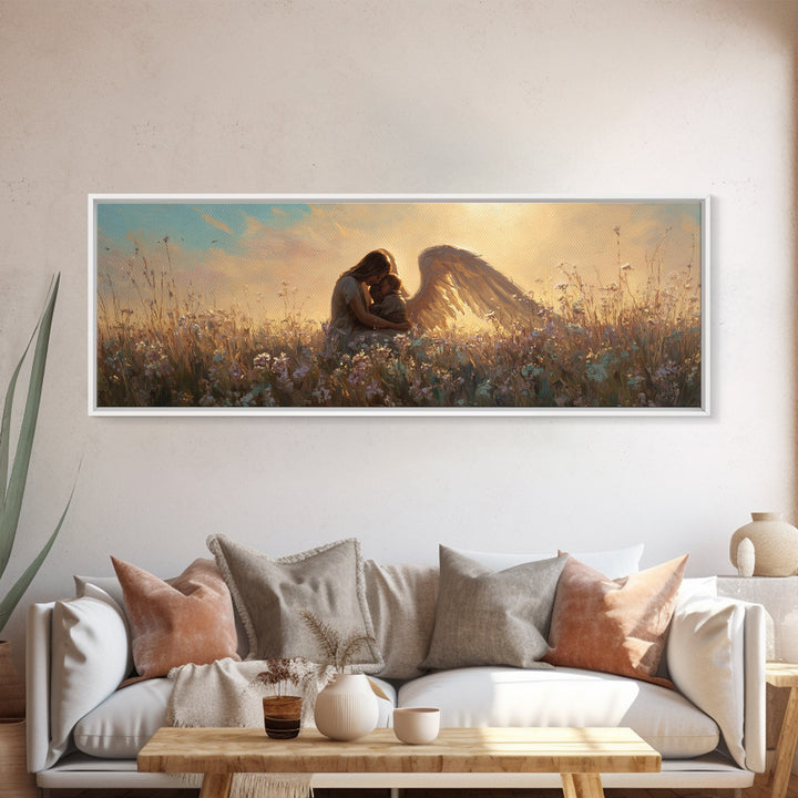 Sunset Guardian Angel Cuddling Child Wall Art, Golden Wildflower Meadow Canvas Print, Christian Nursery Decor Gift For Mom