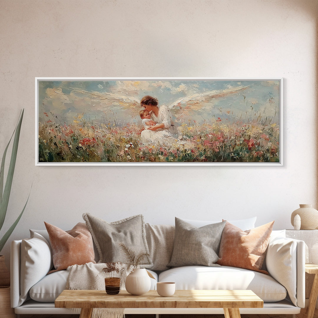 Curly Haired Angel Holding Baby In Flowers Canvas Print, Christian Wall Art, Spiritual Nursery Decor, Baptism Gift For Baby