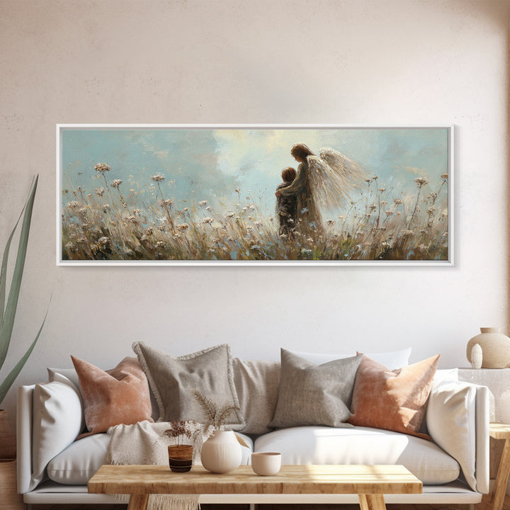 Guardian Angel Walking With Child In Meadow Wall Art, Soft Blue Wildflower Canvas Print, Christian Nursery Decor Gift For Mom