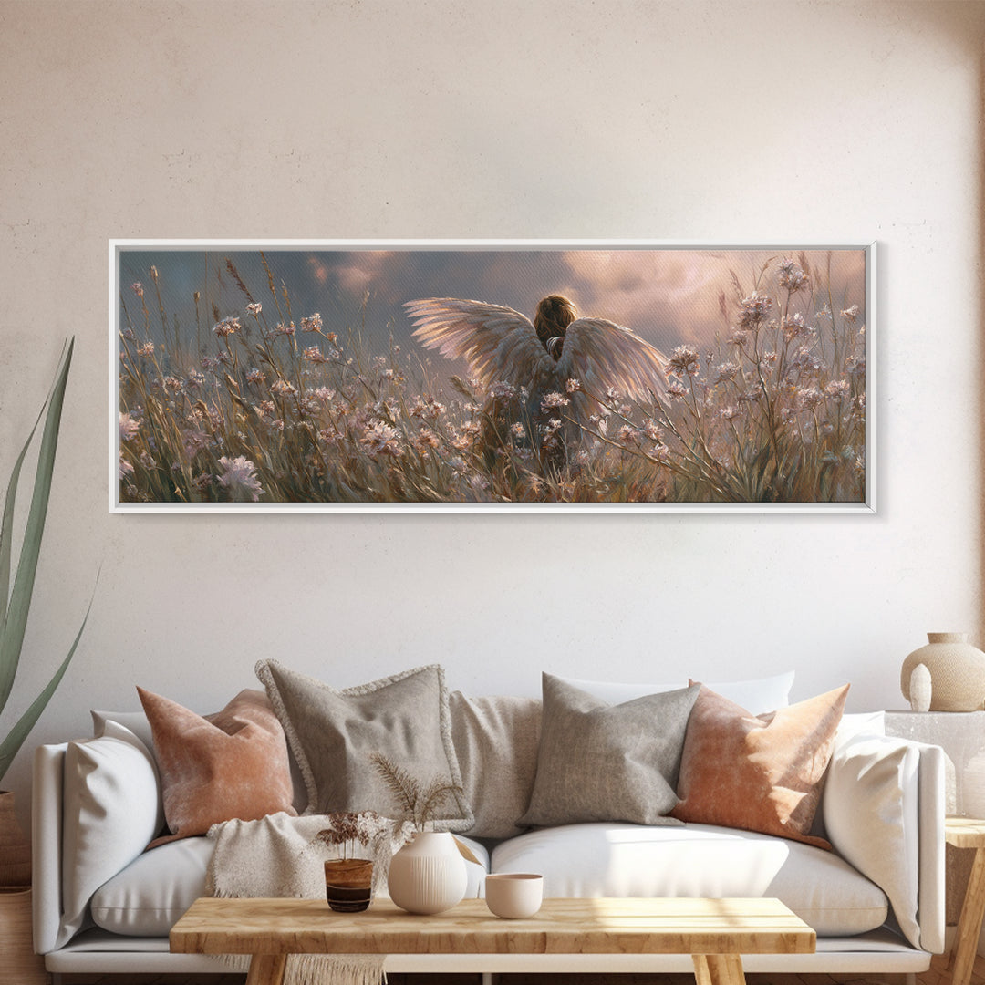 Angel In Wildflower Meadow Wall Art, Spiritual Nursery Decor, Ethereal Landscape Print, Christian Gift, Above Bed Art, Calming Decor