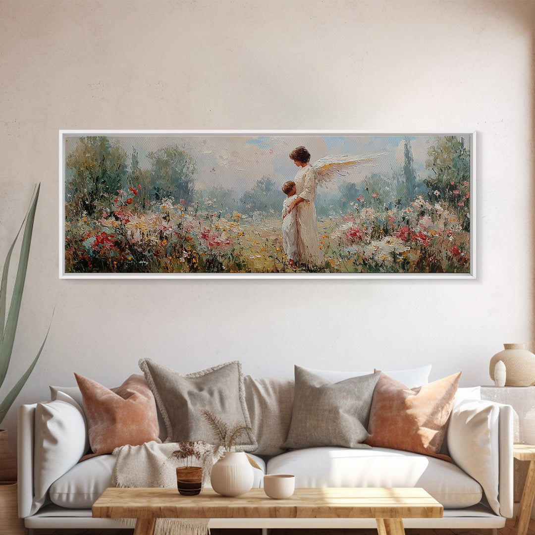 Guardian Angel With Child Framed Canvas Print, Spiritual Wall Art, Nursery Decor, Christian Gift, Wildflower Landscape Art