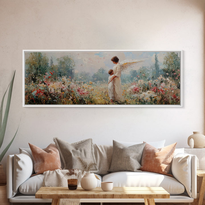Guardian Angel With Child Framed Canvas Print, Spiritual Wall Art, Nursery Decor, Christian Gift, Wildflower Landscape Art