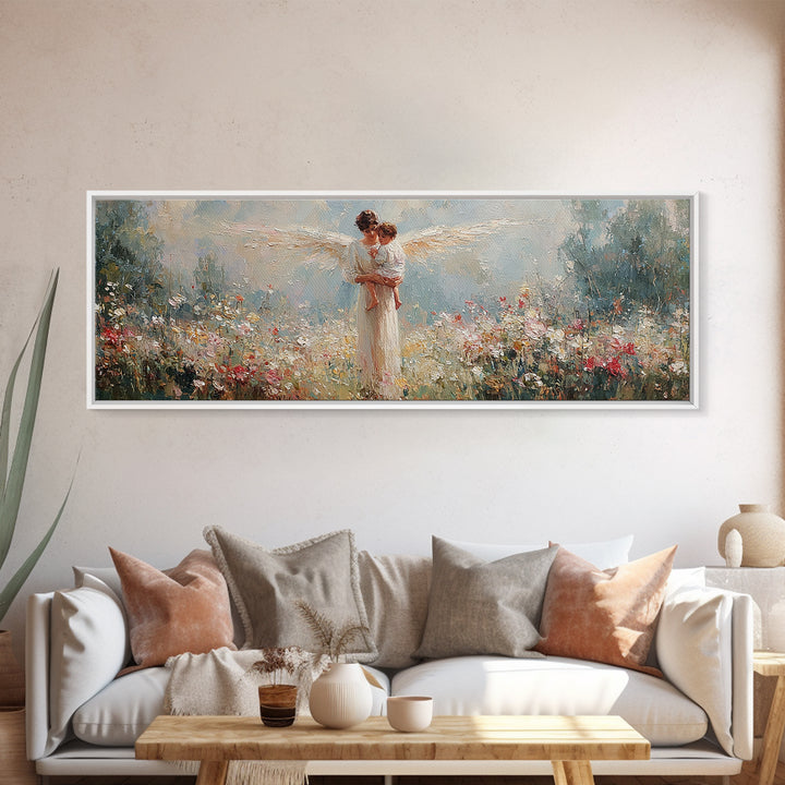 Angel Mother Holding Child Canvas Print, Christian Wall Art, Nursery Decor, Ethereal Meadow Painting, Gift For Her, Housewarming Gift