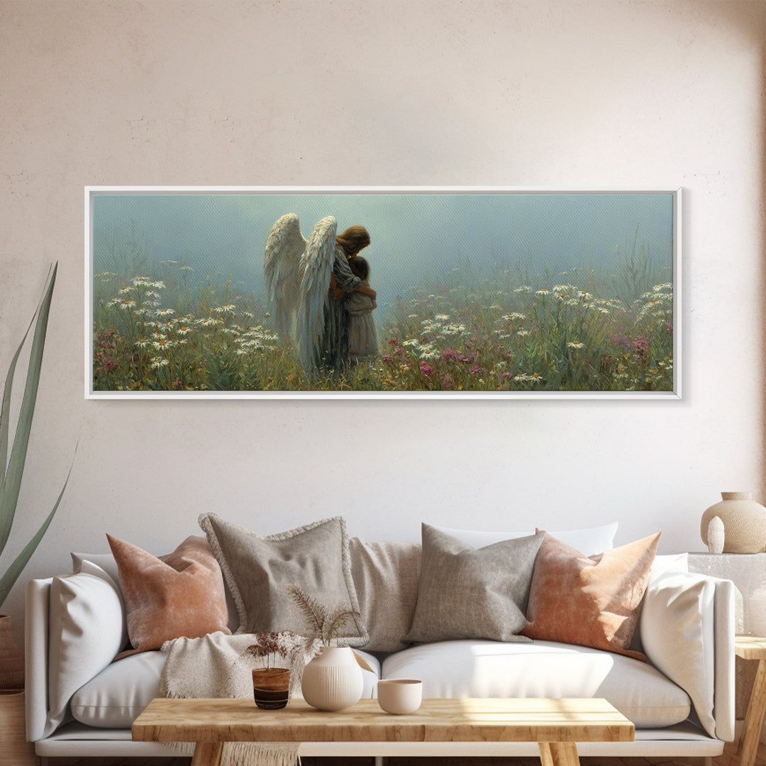 Angel And Little Girl Meadow Wall Art, Christian Nursery Decor, Spiritual Canvas Art, Wildflower Landscape, Calming Gift