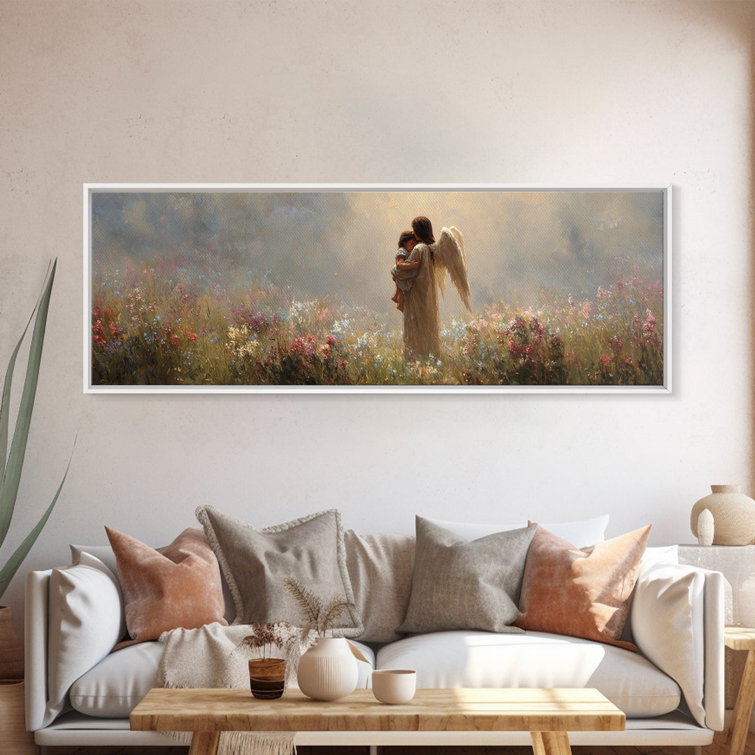 Angel Mother And Baby Framed Canvas Print, Christian Wall Art, Nursery Decor, Wildflower Meadow, Spiritual Art Gift For Her