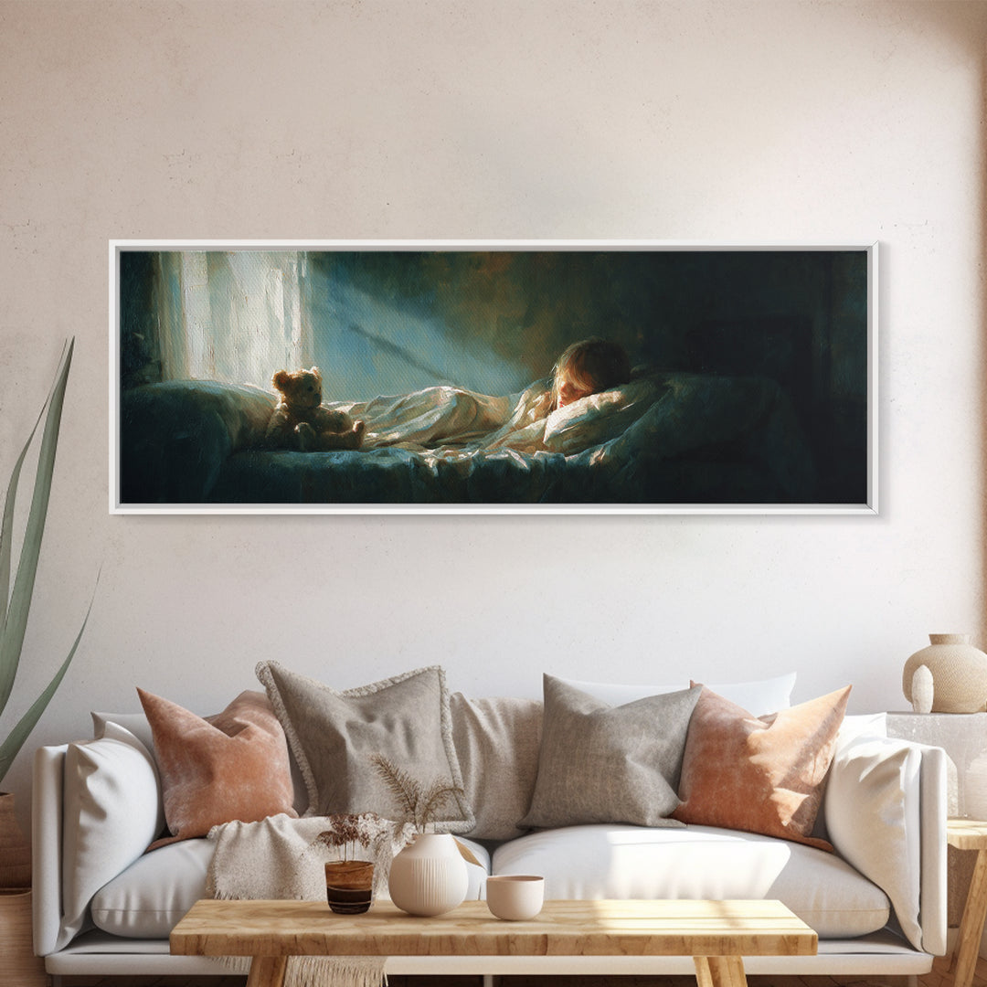 Sleeping Child With Teddy Bear Wall Art, Cozy Bedroom Decor, Nursery Art Print, Sweet Dreams, Gift For Child, Calming Kids Room Decor