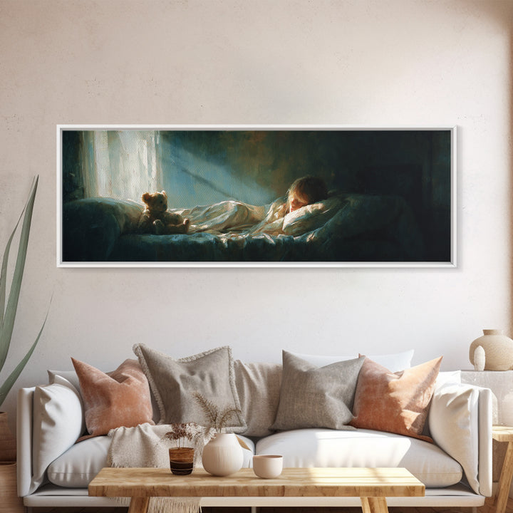 Sleeping Child With Teddy Bear Wall Art, Cozy Bedroom Decor, Nursery Art Print, Sweet Dreams, Gift For Child, Calming Kids Room Decor