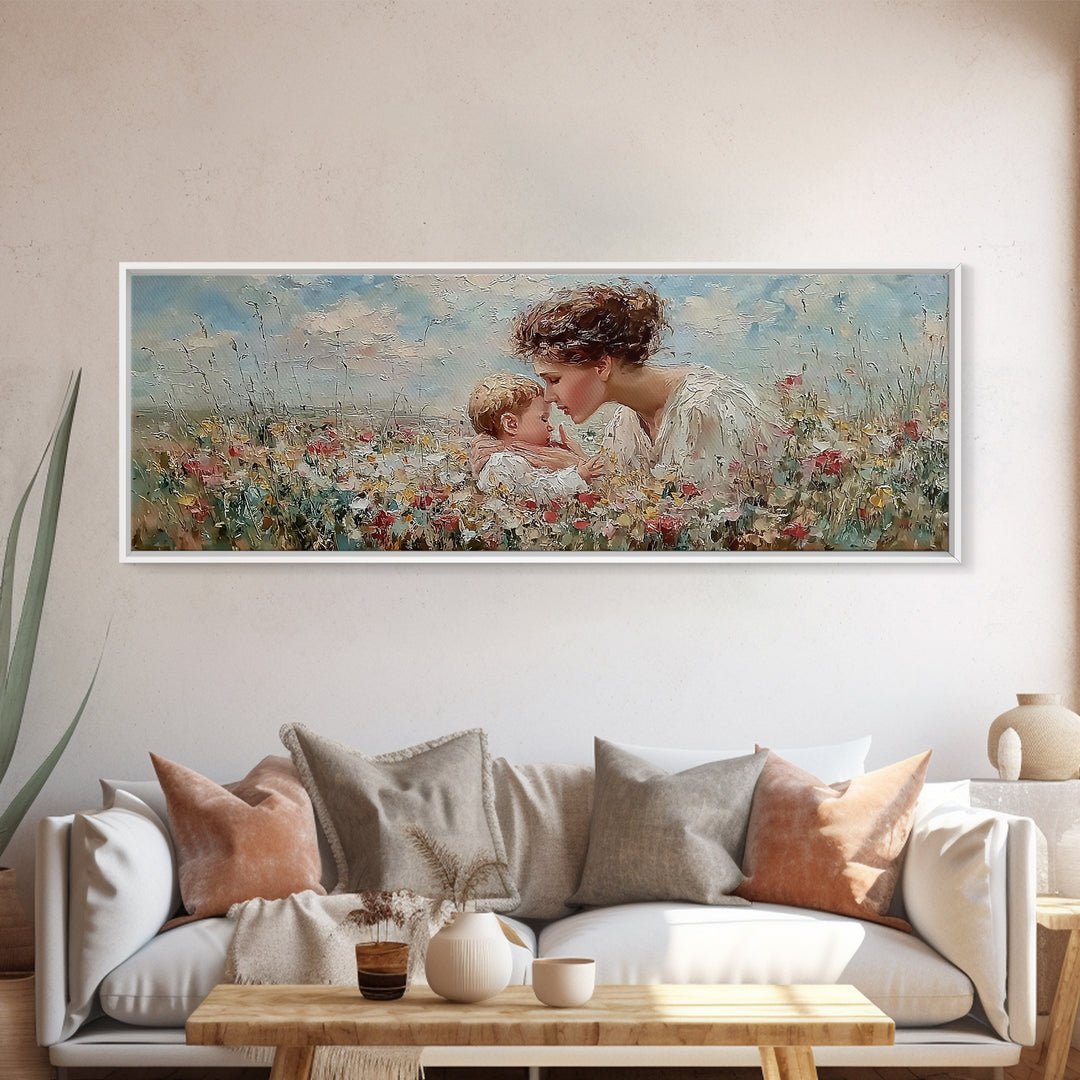 Angel Mother Kissing Baby Framed Canvas Print, Christian Nursery Wall Art, Wildflower Meadow Decor, Gift For Mom, Spiritual Art