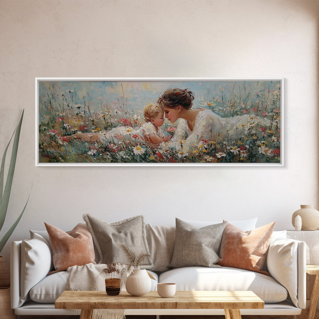 Mother And Baby In Wildflowers Canvas Print, Tender Nursery Wall Art, Christian Decor, Floral Meadow, Gift For Her, Home Decor
