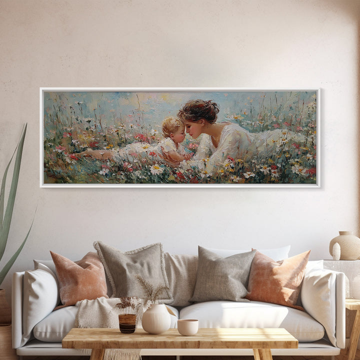 Mother And Baby In Wildflowers Canvas Print, Tender Nursery Wall Art, Christian Decor, Floral Meadow, Gift For Her, Home Decor