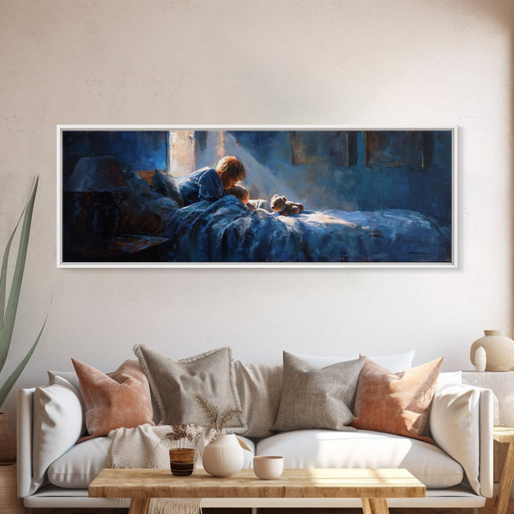 Mother Reading To Child In Blue Bedroom Wall Art, Moody Impressionist Bedtime Print, Cozy Nursery Decor, Above Bed Gift For Mom