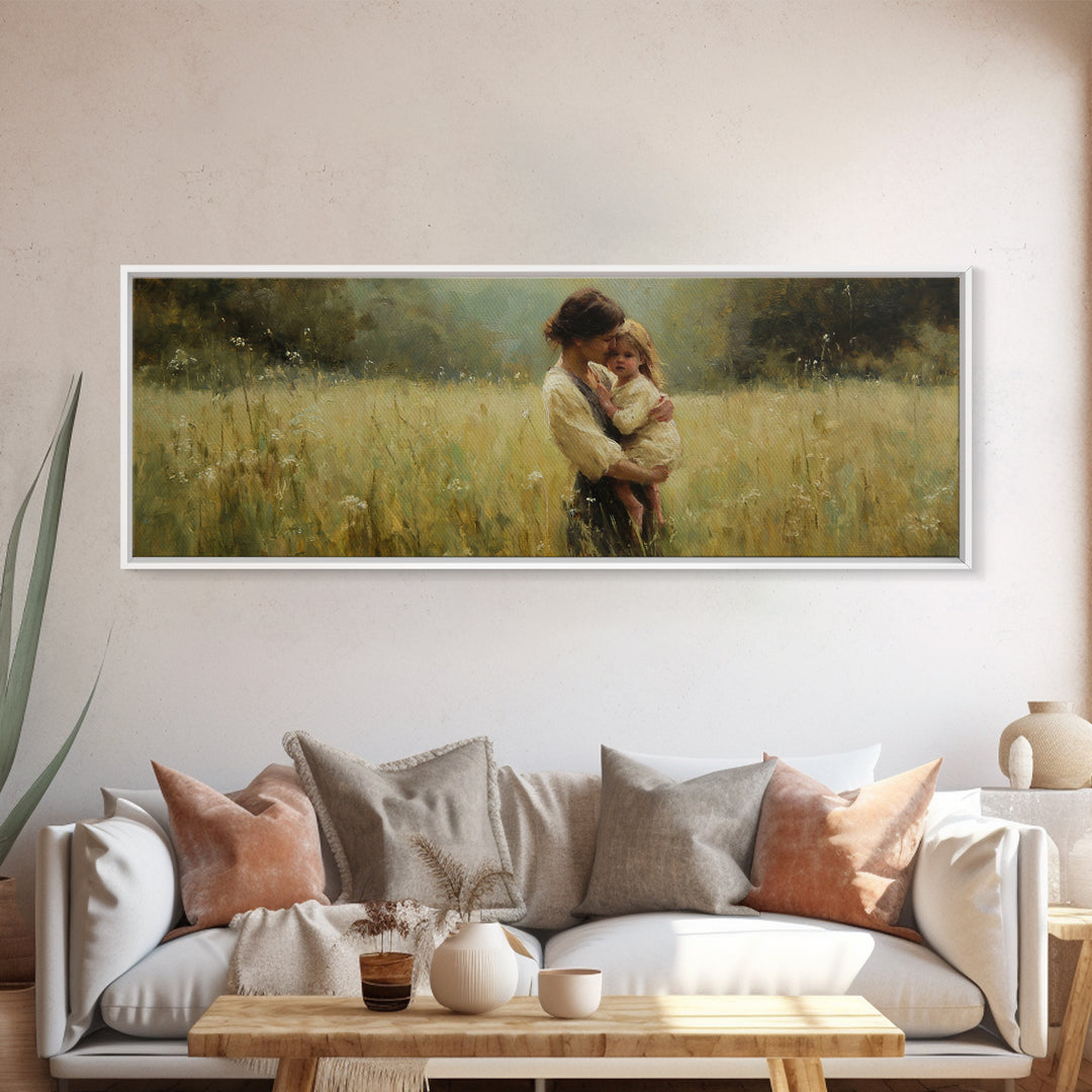Mother Holding Toddler In Golden Field Framed Canvas Print, Impressionist Landscape Wall Art, Rustic Farmhouse Nursery Decor