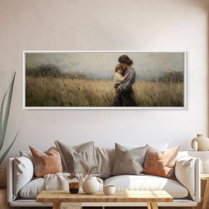 Tender Mother And Child In Wheat Field Canvas Print, Moody Impressionist Wall Art, Neutral Nursery Decor, Gift For Mom, Living Room Art