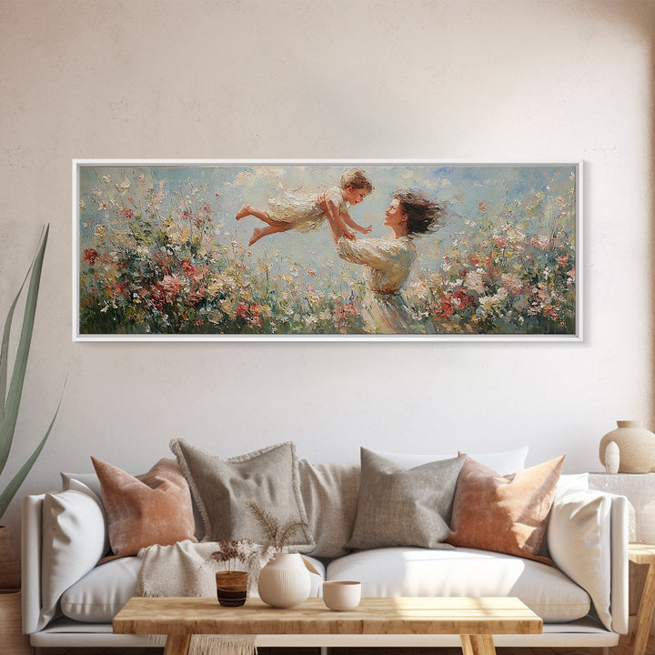 Mother Lifting Child Over Blooming Meadow Framed Canvas Print, Impressionist Floral Wall Art, Nursery Decor Gift For Mom