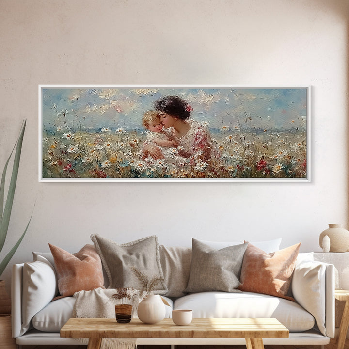 Tender Mother And Child Embrace In Daisy Field Framed Canvas Print, Floral Wall Art, Feminine Nursery Decor Gift For Her
