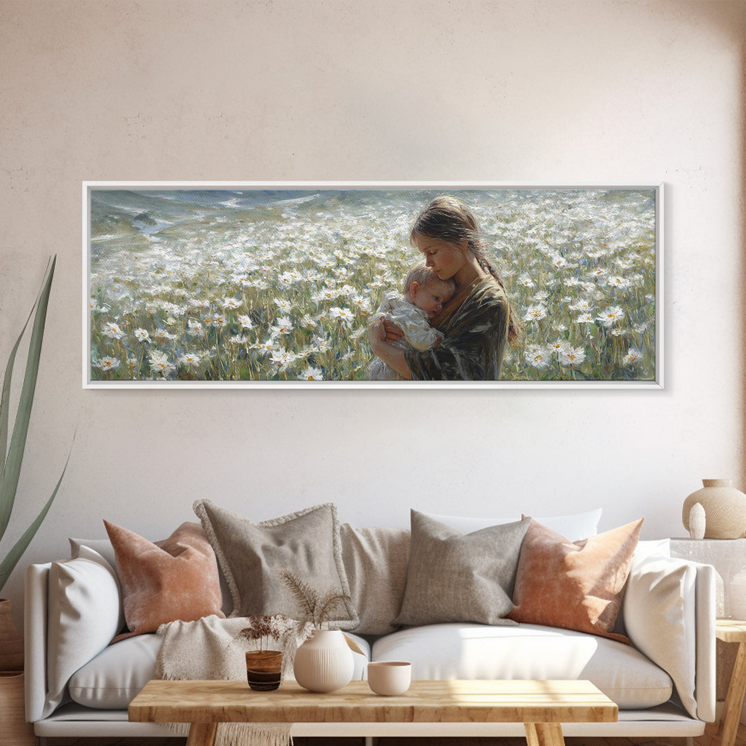 Peaceful Mother Cradling Baby In White Daisy Meadow Canvas Print, Nature Wall Art, Feminine Nursery Decor Gift For New Mom