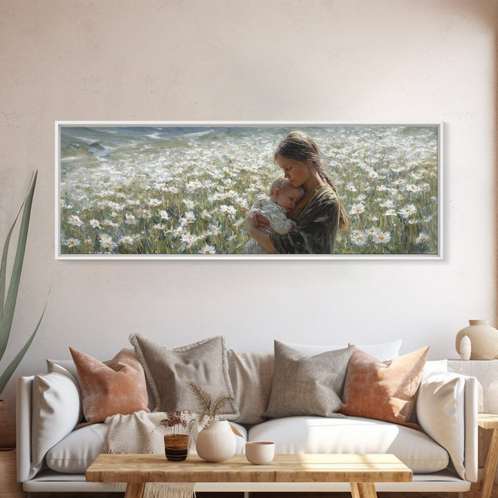 Peaceful Mother Cradling Baby In White Daisy Meadow Canvas Print, Nature Wall Art, Feminine Nursery Decor Gift For New Mom
