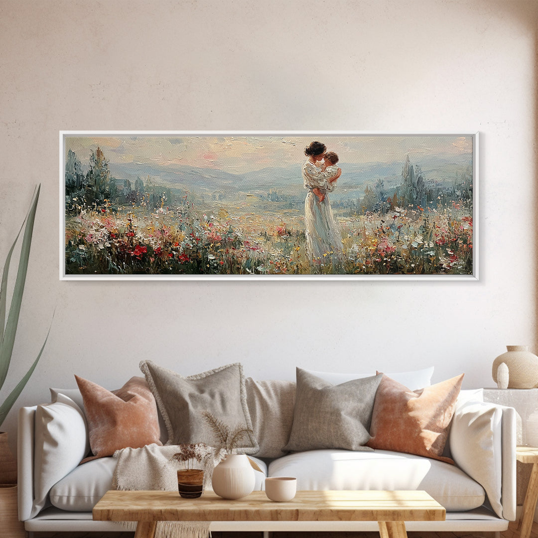Mother Holding Infant Above Misty Floral Valley Canvas Print, Landscape Wall Art, Romantic Bedroom Decor Housewarming Gift