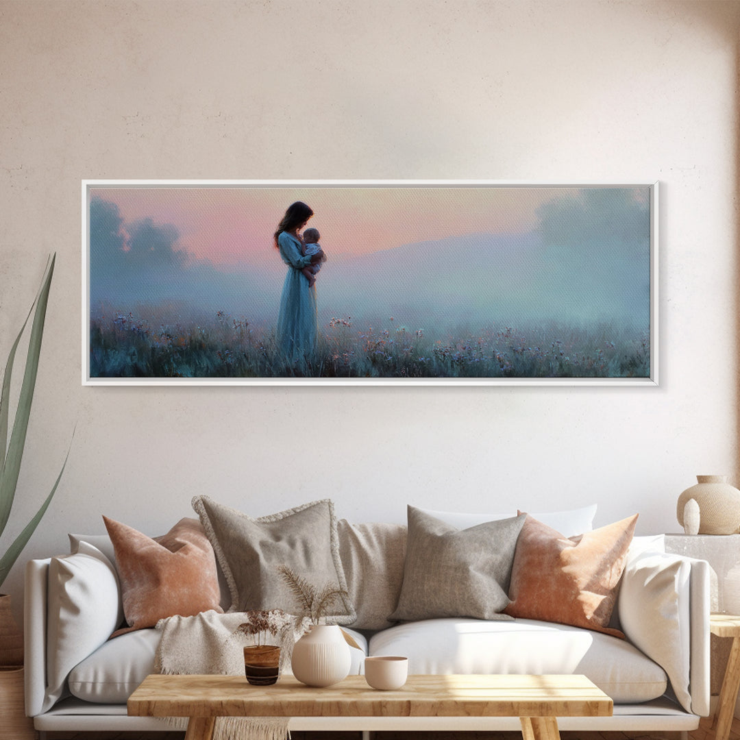 Mother And Baby At Misty Pink Dawn Framed Canvas Print, Moody Wall Art, Feminine Nursery Decor, Romantic Bedroom Gift For Mom