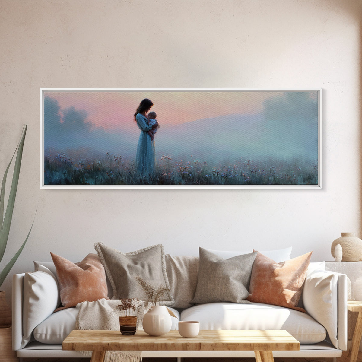 Mother And Baby At Misty Pink Dawn Framed Canvas Print, Moody Wall Art, Feminine Nursery Decor, Romantic Bedroom Gift For Mom