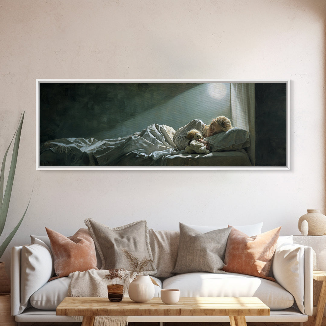 Moonlit Mother And Child Sleeping Beside Teddy Bear Canvas Print, Calming Wall Art, Nursery Bedroom Decor Gift For New Mom