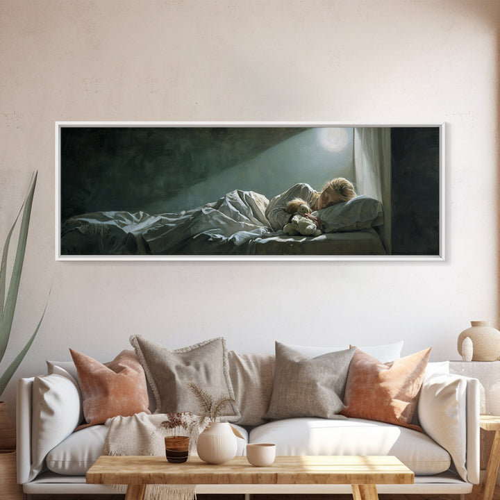 Moonlit Mother And Child Sleeping Beside Teddy Bear Canvas Print, Calming Wall Art, Nursery Bedroom Decor Gift For New Mom