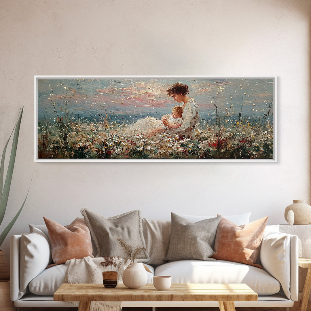 Mother And Baby Wildflower Meadow Wall Art, Angelic Nursery Decor, Feminine Fine Art Print, Gift For Mom, Living Room Decor