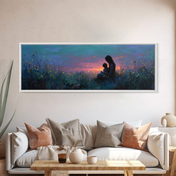 Mother And Child Twilight Meadow Canvas Print, Celestial Firefly Wall Decor, Boho Nursery Art, Gift For Mom, Bedroom Decor