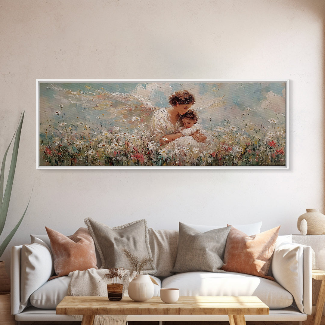Guardian Angel And Child Framed Canvas Print, Wildflower Meadow Wall Art, Christian Nursery Decor, Gift For Mom, Fine Art