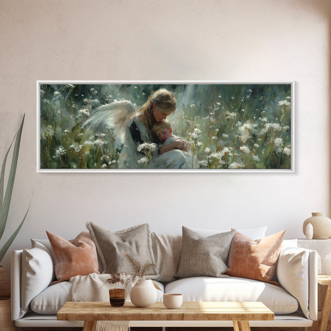 Blonde Guardian Angel With Baby Wall Art, Serene Wildflower Meadow Canvas Print, Christian Nursery Decor, Gift For Her, Home Decor